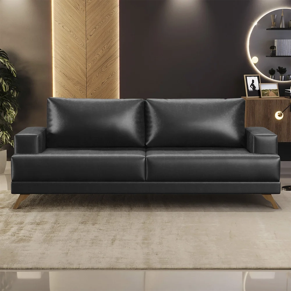 Sofá 3 Lugares 180cm Living Pés Curvos Santi D05 Sintético Preto - Mpozenato