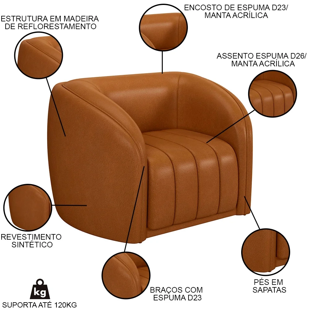 Sofá Decorativo 4 Lugares 332cm e Poltrona Meris Z32 Sintético Caramelo - Mpozenato
