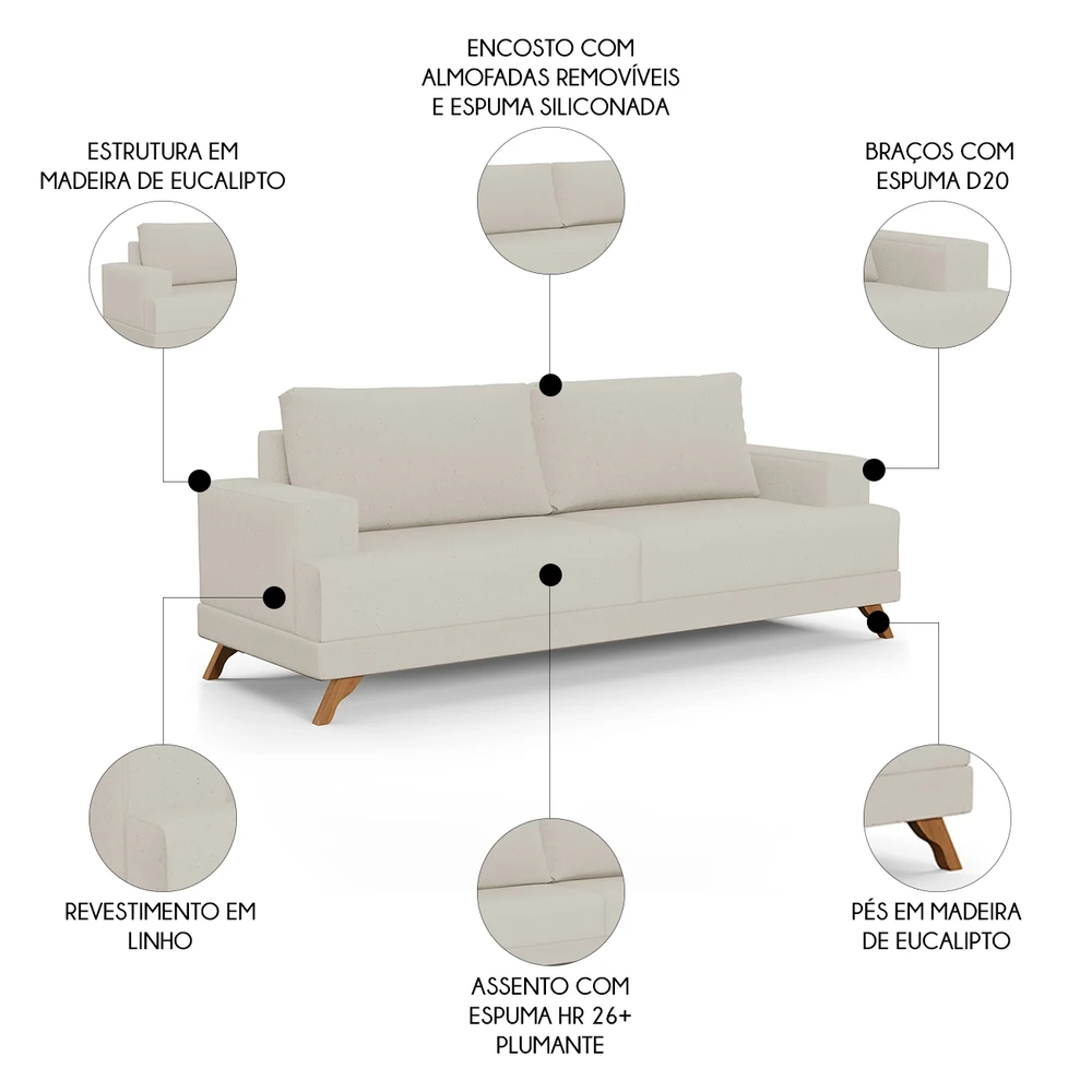 Sofá 3 Lugares 180cm Living Pés Curvos Santi D05 Linho Bege - Mpozenato