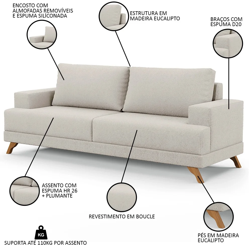 Sofá 3 Lugares 200cm Living Pés Curvos Santi D05 Boucle Creme - Mpozenato