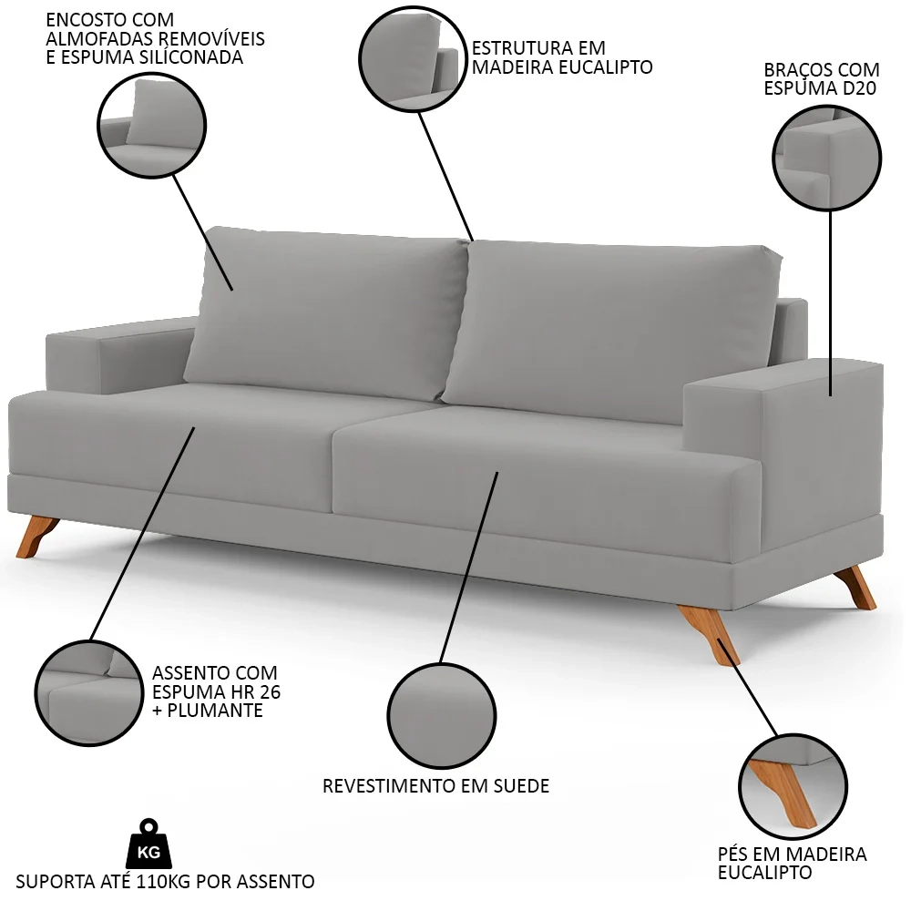 Sofá 3 Lugares 180cm Living Pés Curvos Santi D05 Suede Cinza - Mpozenato