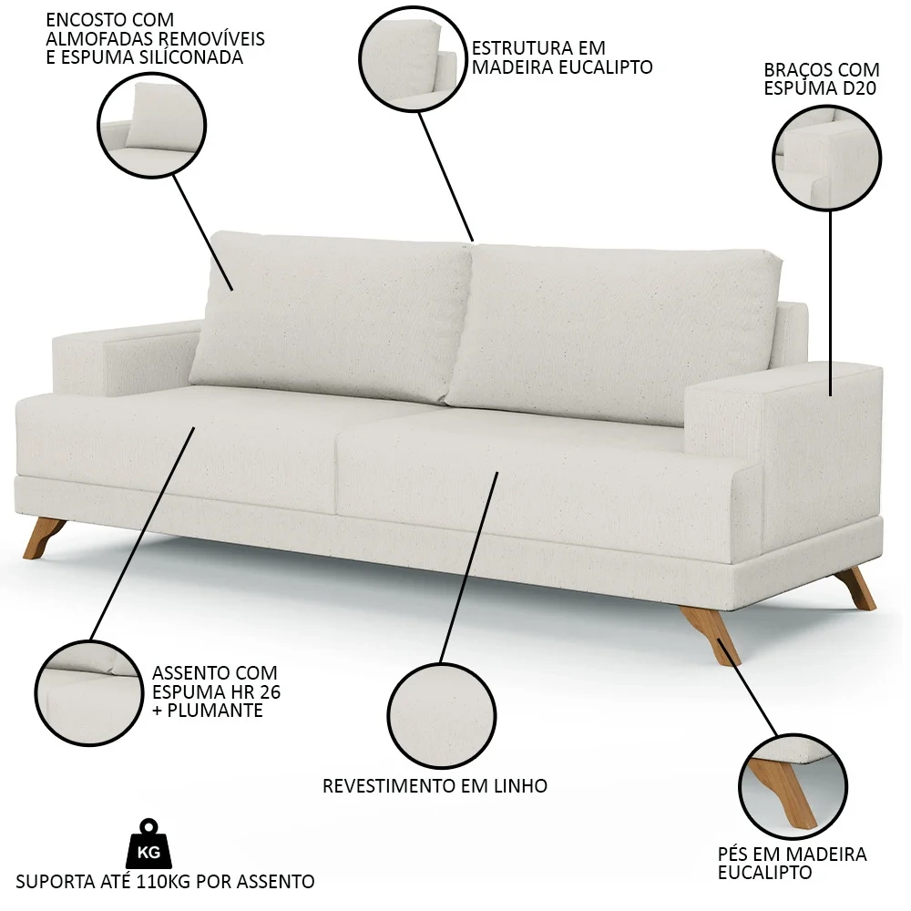 Sofá 3 Lugares 200cm Living Pés Curvos Santi D05 Linho Cru - Mpozenato