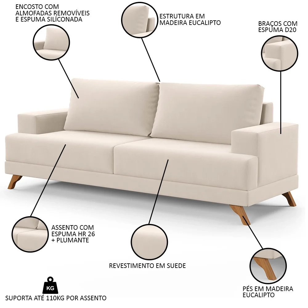 Sofá 3 Lugares 200cm Living Pés Curvos Santi D05 Suede Bege - Mpozenato