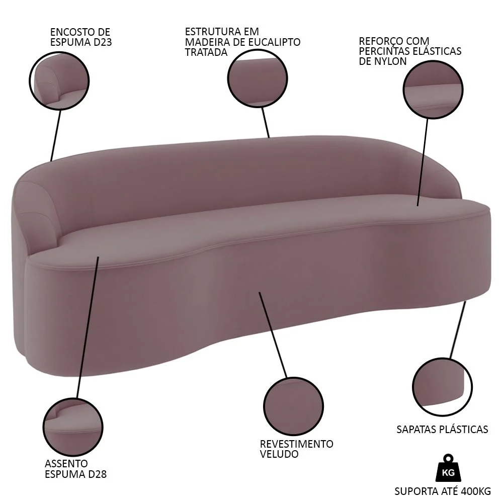 Sofá 4 Lugares para Sala de Estar Living 260cm Theo D06 Veludo Rosa - Mpozenato