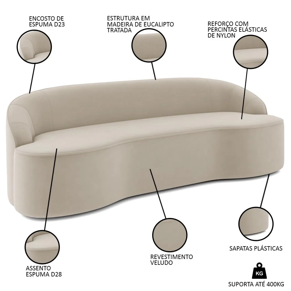 Sofá 4 Lugares para Sala de Estar Living 260cm Theo D06 Veludo Creme - Mpozenato