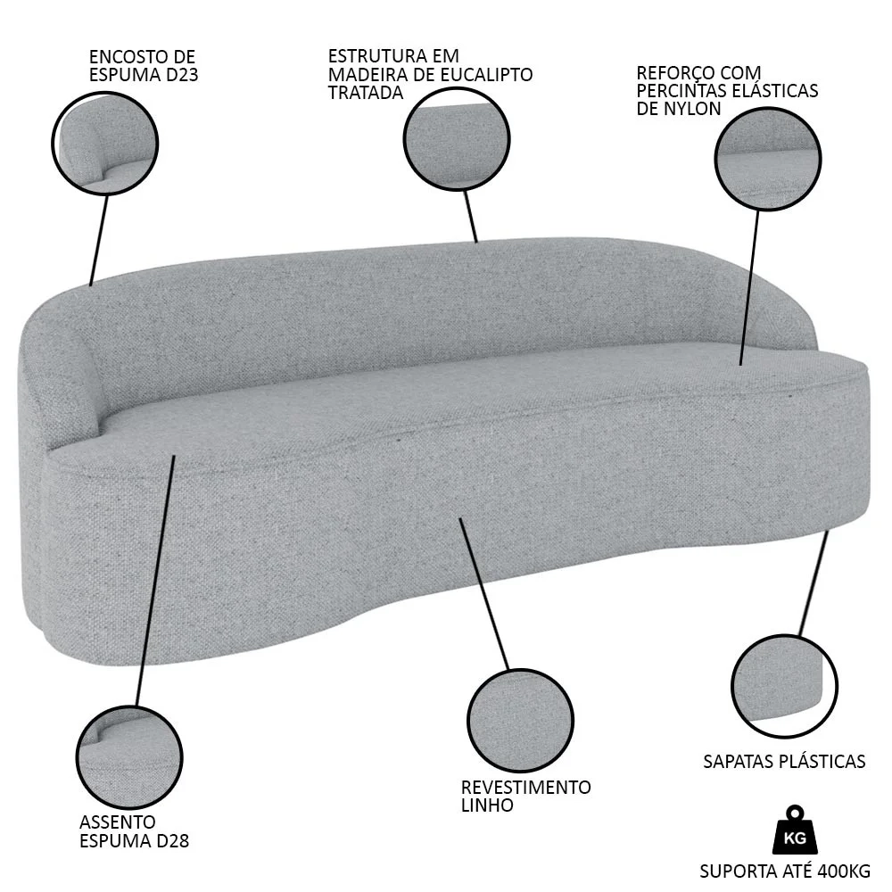 Sofá 4 Lugares para Sala de Estar Living 260cm Theo D06 Linho Cinza Claro - Mpozenato