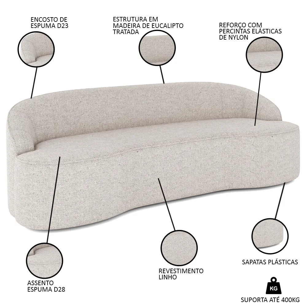 Sofá 4 Lugares para Sala de Estar Living 260cm Theo D06 Linho Pérola - Mpozenato