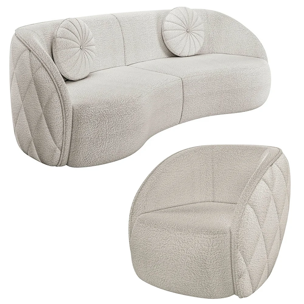 Sofá Decorativo 3 Lugares 240cm com Almofadas e Poltrona Zion Z32 Boucle Branco - Mpozenato