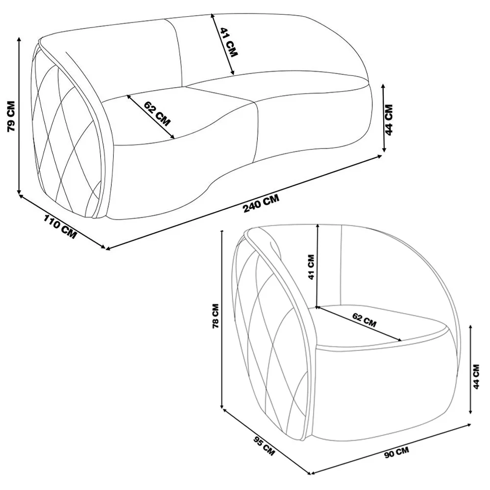 Sofá Decorativo 3 Lugares 240cm com Almofadas e Poltrona Zion Z32 Boucle Branco - Mpozenato