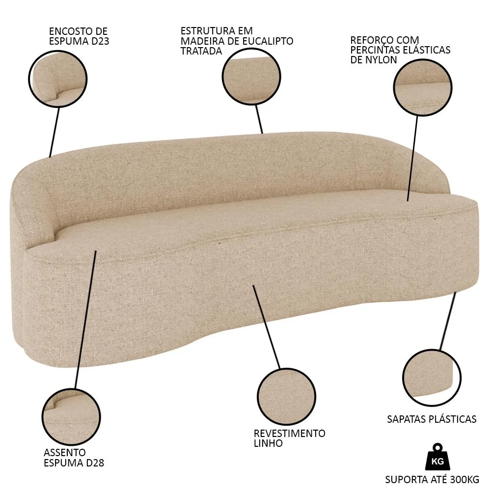 Sofá 3 Lugares para Sala de Estar Living 180cm Theo D06 Linho Marfim - Mpozenato 