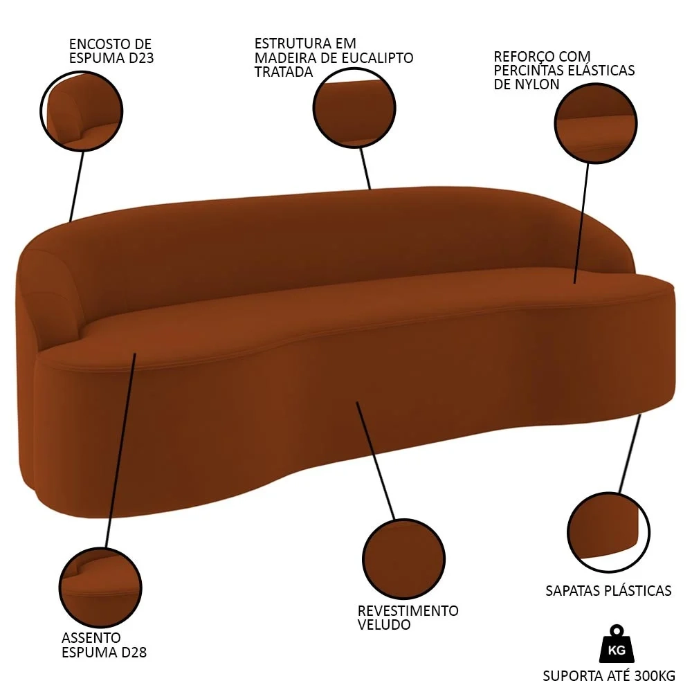 Sofá 3 Lugares para Sala de Estar Living 210cm Theo D06 Veludo Laranja - Mpozenato