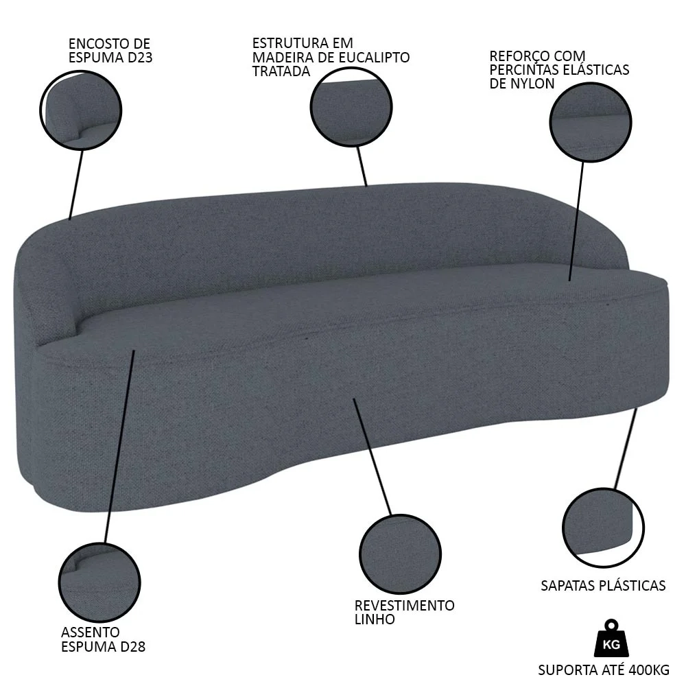 Sofá 4 Lugares para Sala de Estar Living 260cm Theo D06 Linho Mescla Chumbo - Mpozenato