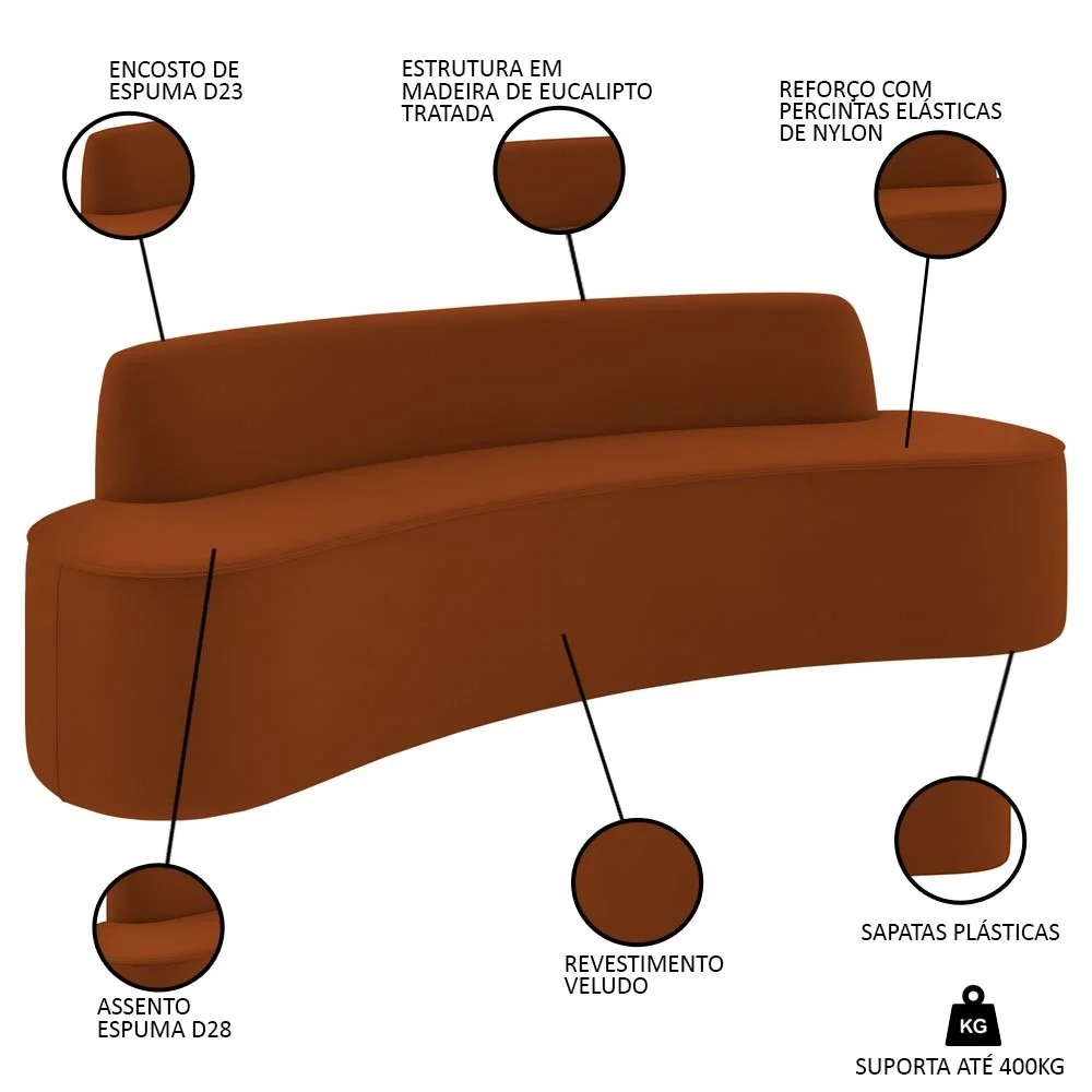 Sofá 4 Lugares para Sala de Estar Living 230cm Koane D06 Veludo Laranja - Mpozenato