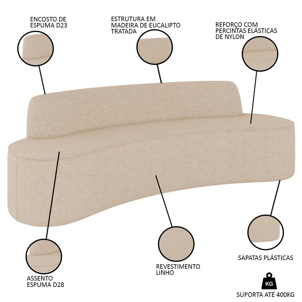 Sofá 4 Lugares para Sala de Estar Living 230cm Koane D06 Linho Marfim - Mpozenato