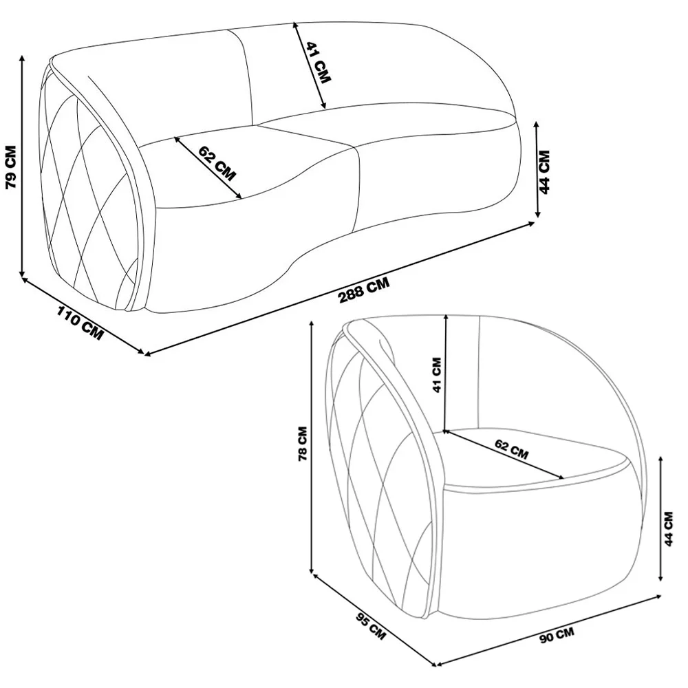 Sofá Decorativo 3 Lugares 288cm com Almofadas e Poltrona Zion Z32 Sintético Preto - Mpozenato