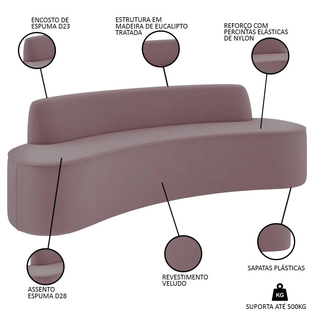 Sofá 5 Lugares para Sala de Estar Living 280cm Koane D06 Veludo Rosa - Mpozenato