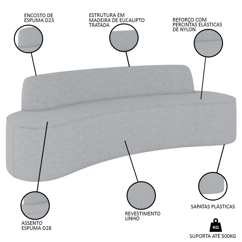 Sofá 5 Lugares para Sala de Estar Living 280cm Koane D06 Linho Cinza Claro - Mpozenato
