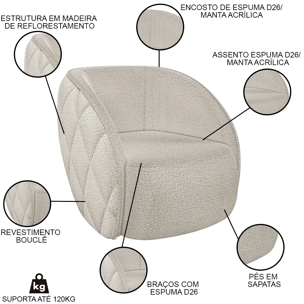 Sofá Decorativo 4 Lugares 318cm com Almofadas e Poltrona Zion Z32 Boucle Branco - Mpozenato