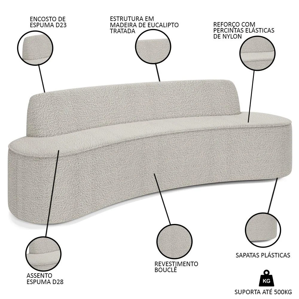 Sofá 5 Lugares para Sala de Estar Living 300cm Koane D06 Boucle Creme - Mpozenato