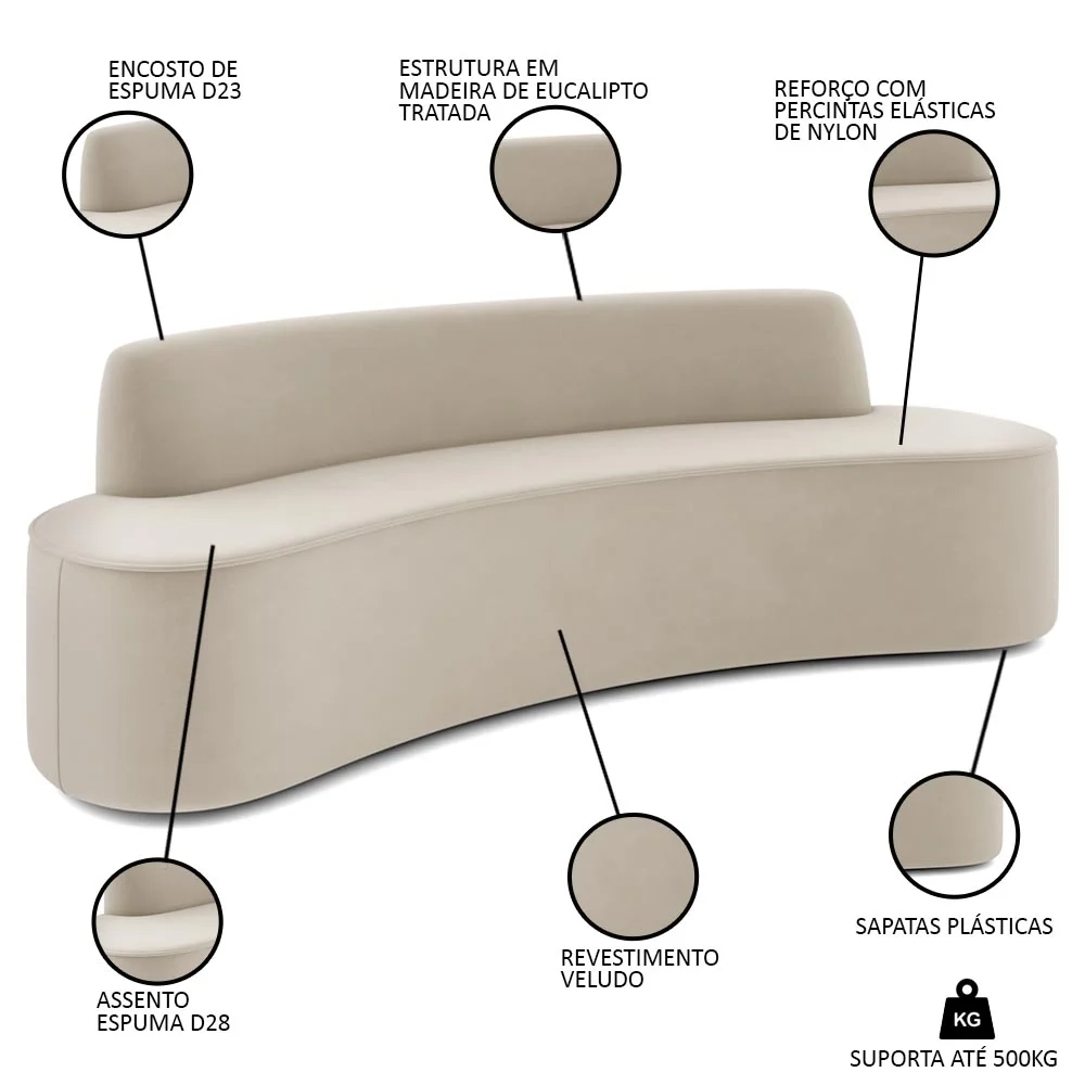 Sofá 5 Lugares para Sala de Estar Living 300cm Koane D06 Veludo Creme - Mpozenato