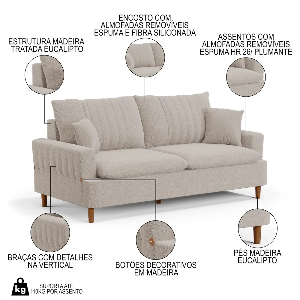 Sofá Living 3 Lugares 200cm com Almofadas Veras D05 Boucle Bege - Mpozenato