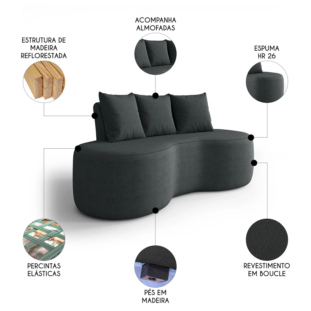 Sofá 2 Lugares 160cm Orgânico Viana B10 Bouclê Grafite - Mpozenato