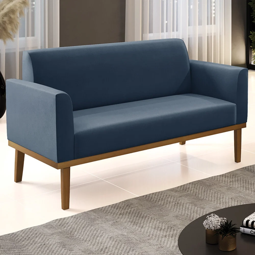 Sofá Namoradeira Base Madeira Castanho Maressa Suede Azul Marinho - Ibiza