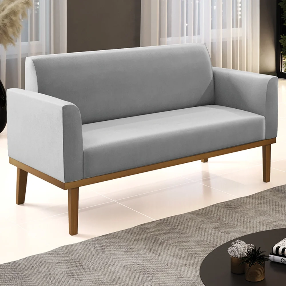 Sofá Namoradeira Base Madeira Castanho Maressa Suede Cinza - Ibiza