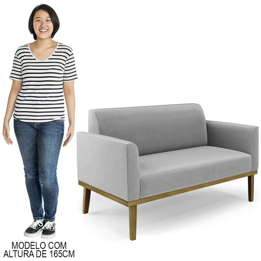 Sofá Namoradeira Base Madeira Castanho Maressa Suede Cinza - Ibiza