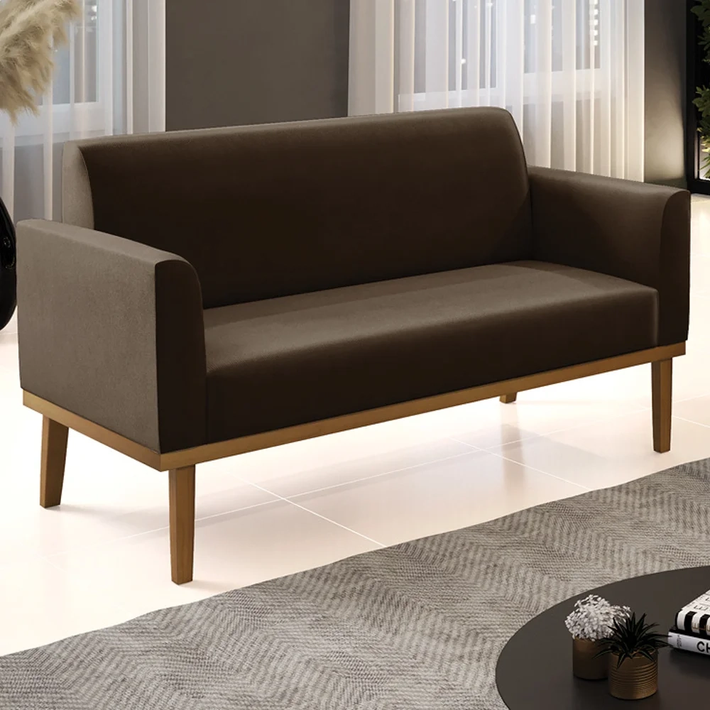 Sofá Namoradeira Base Madeira Castanho Maressa Suede Marrom - Ibiza