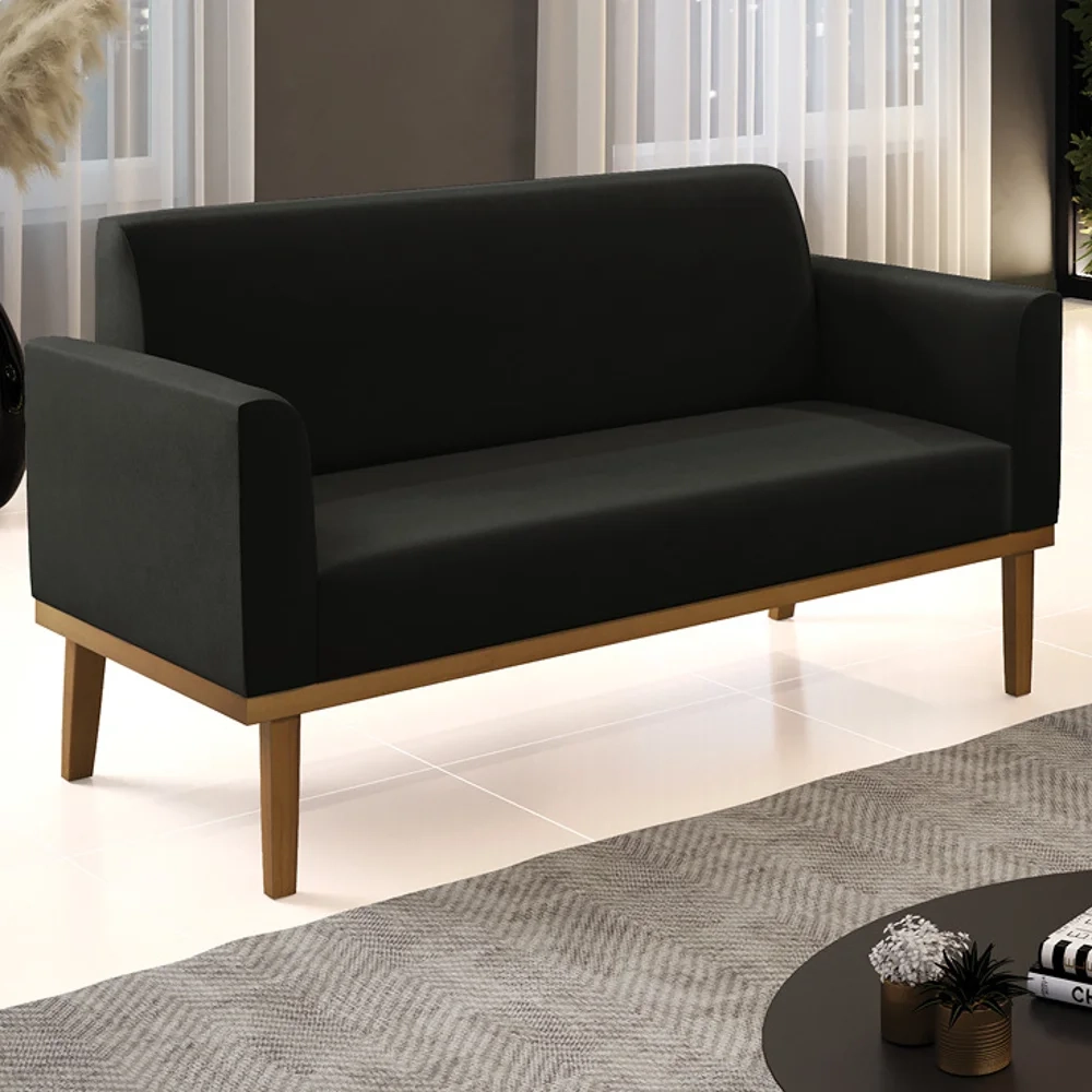 Sofá Namoradeira Base Madeira Castanho Maressa Suede Preto - Ibiza