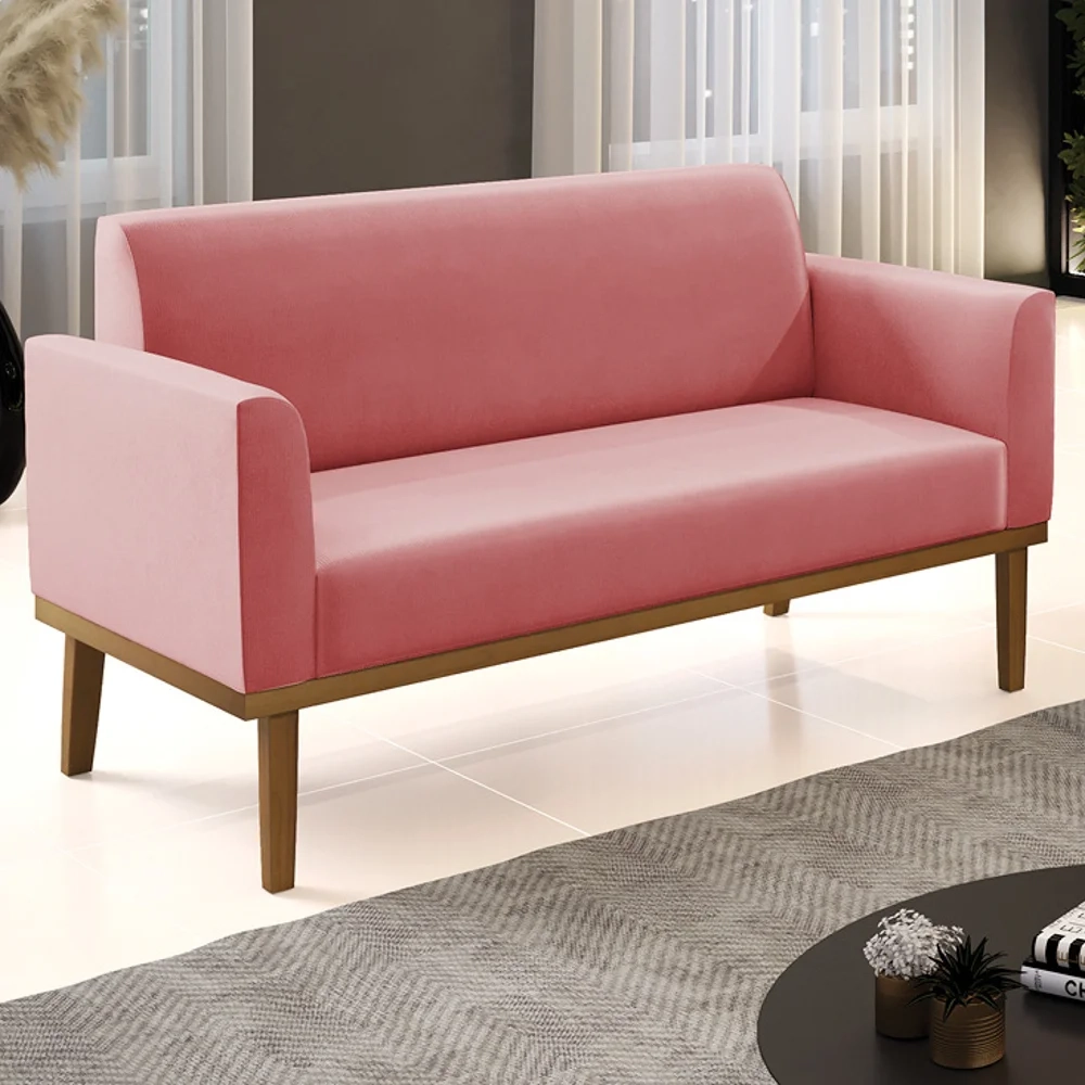 Sofá Namoradeira Base Madeira Castanho Maressa Suede Rosê - Ibiza