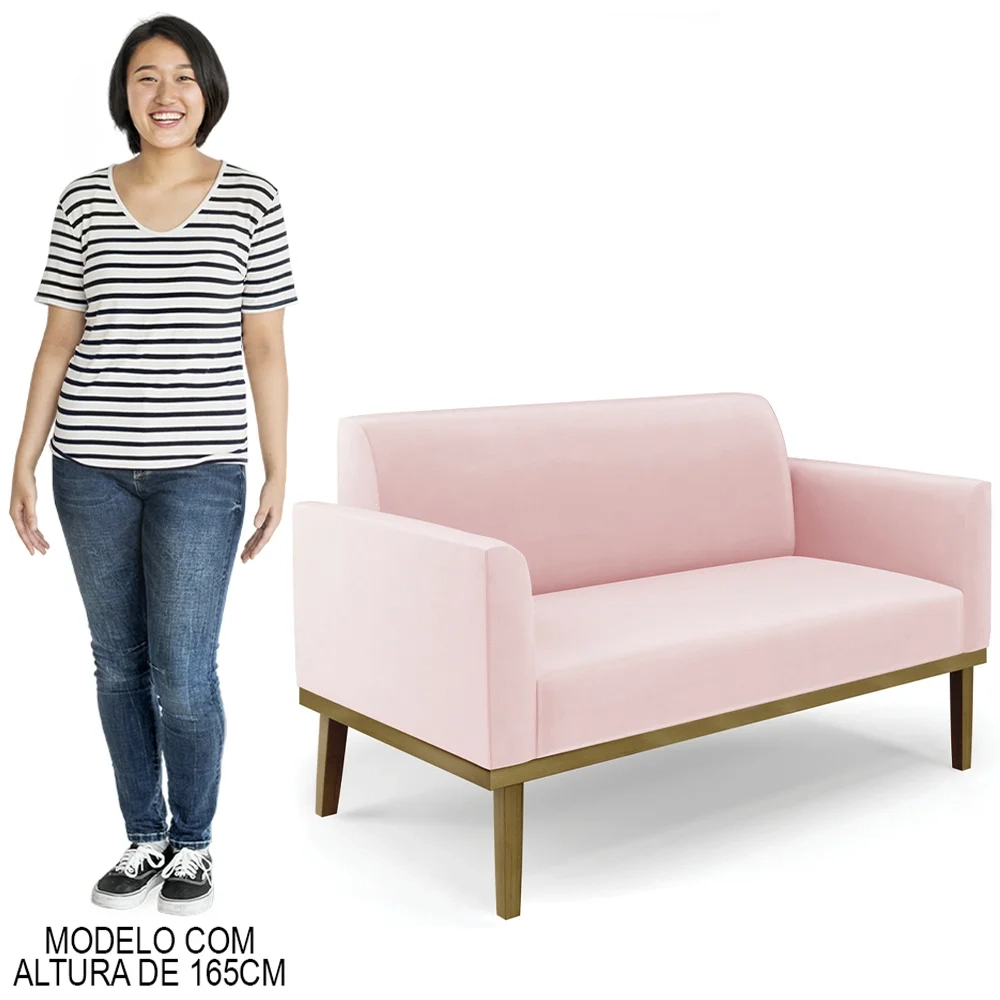Sofá Namoradeira Base Madeira Castanho Maressa Suede Rosa Bebê - Ibiza