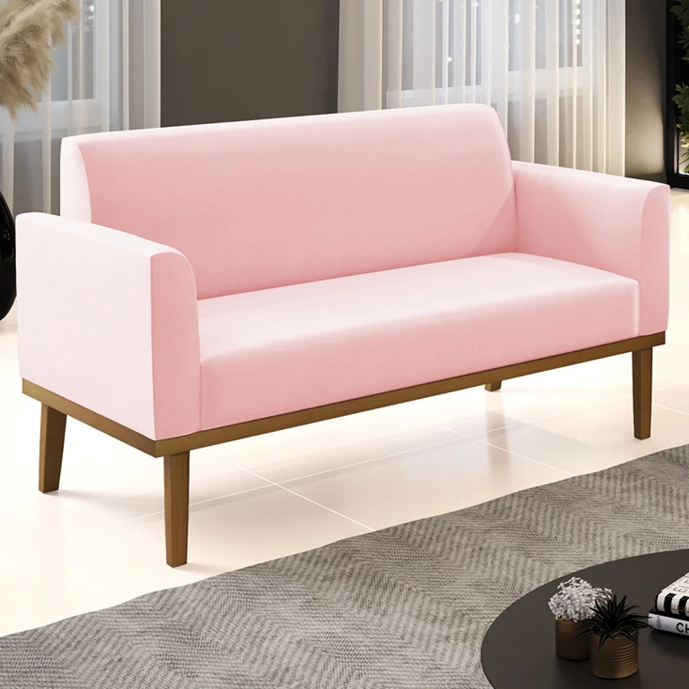Sofá Namoradeira Base Madeira Castanho Maressa Suede Rosa Bebê - Ibiza