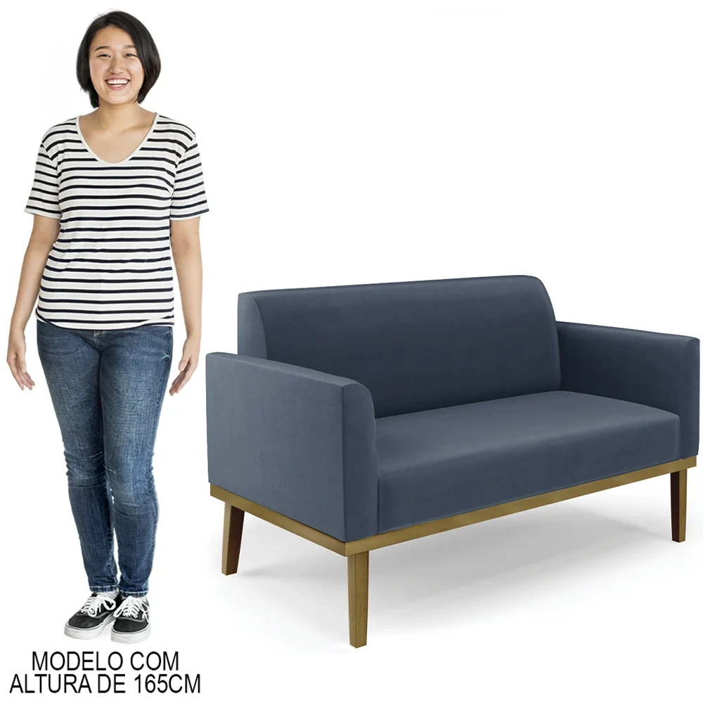 Sofá Namoradeira e 2 Poltronas Base Madeira Castanho Maressa Suede Azul Marinho - Ibiza