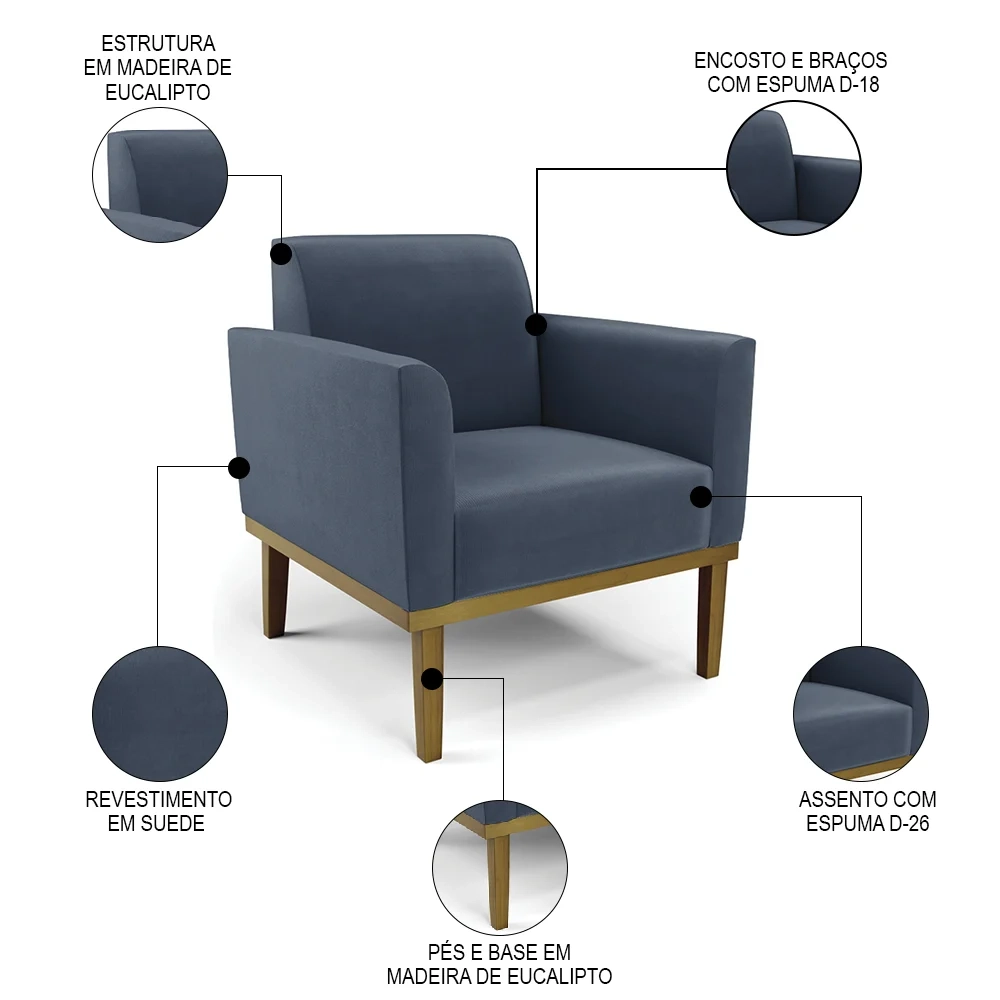 Sofá Namoradeira e 2 Poltronas Base Madeira Castanho Maressa Suede Azul Marinho - Ibiza