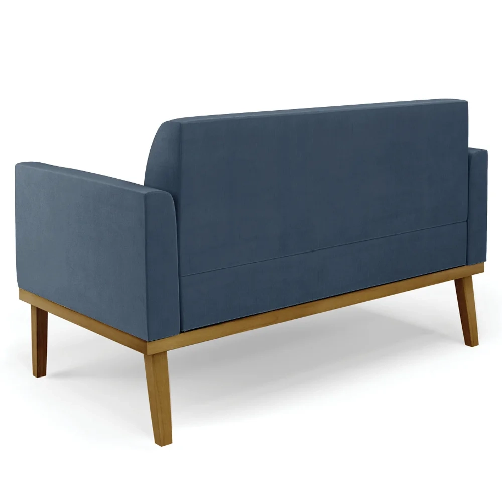 Sofá Namoradeira e 2 Poltronas Base Madeira Castanho Maressa Suede Azul Marinho - Ibiza