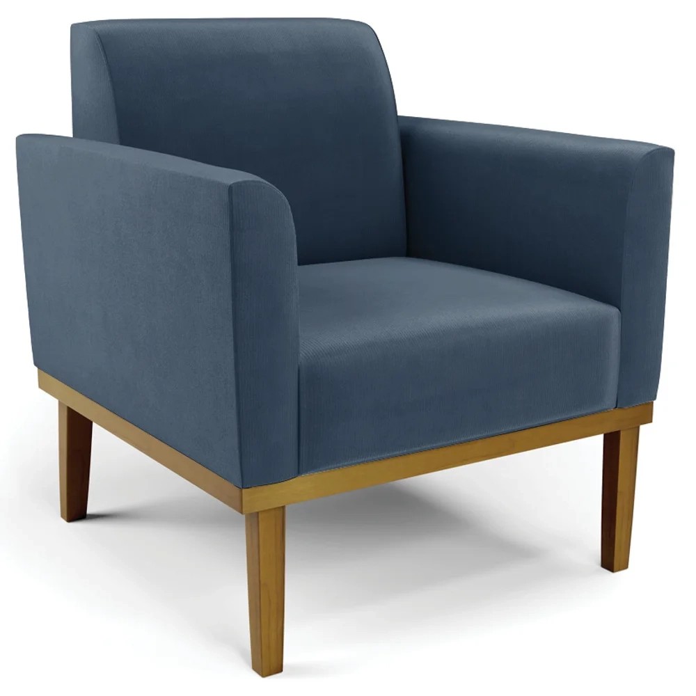 Sofá Namoradeira e 2 Poltronas Base Madeira Castanho Maressa Suede Azul Marinho - Ibiza
