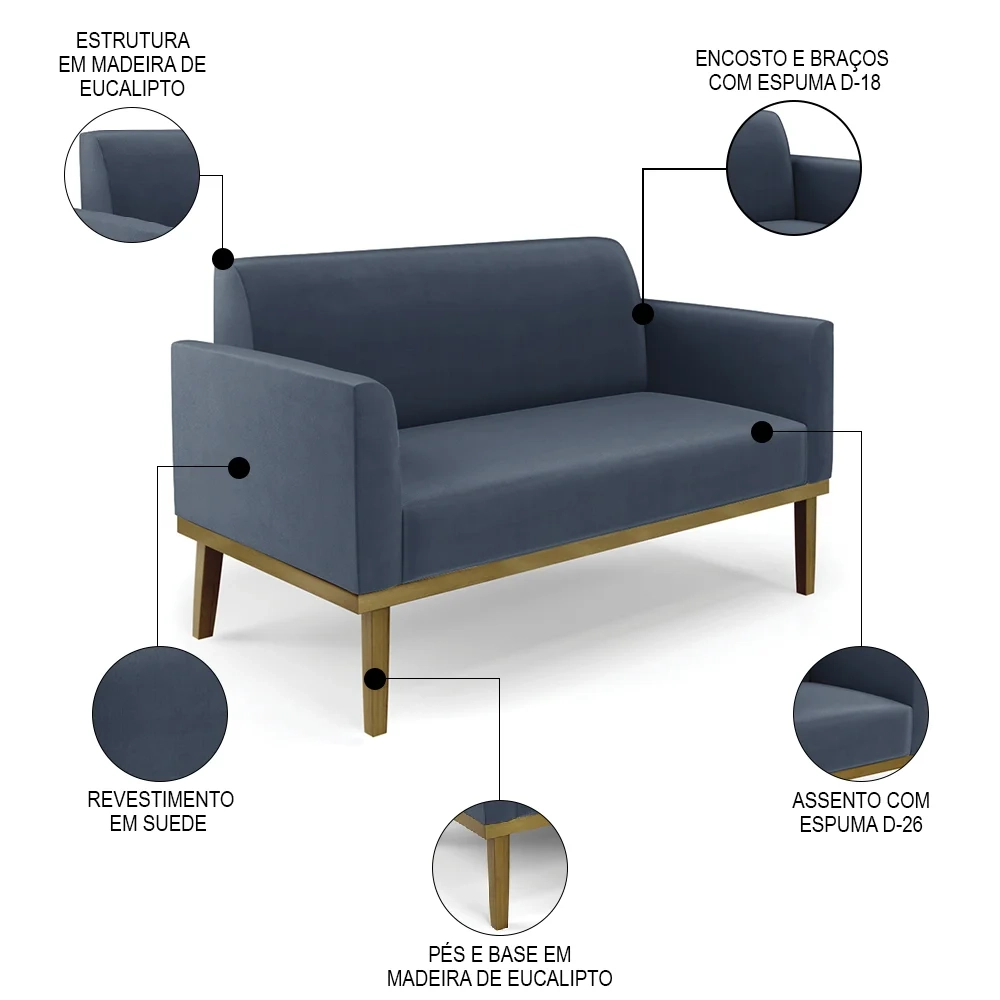Sofá Namoradeira e 2 Poltronas Base Madeira Castanho Maressa Suede Azul Marinho - Ibiza