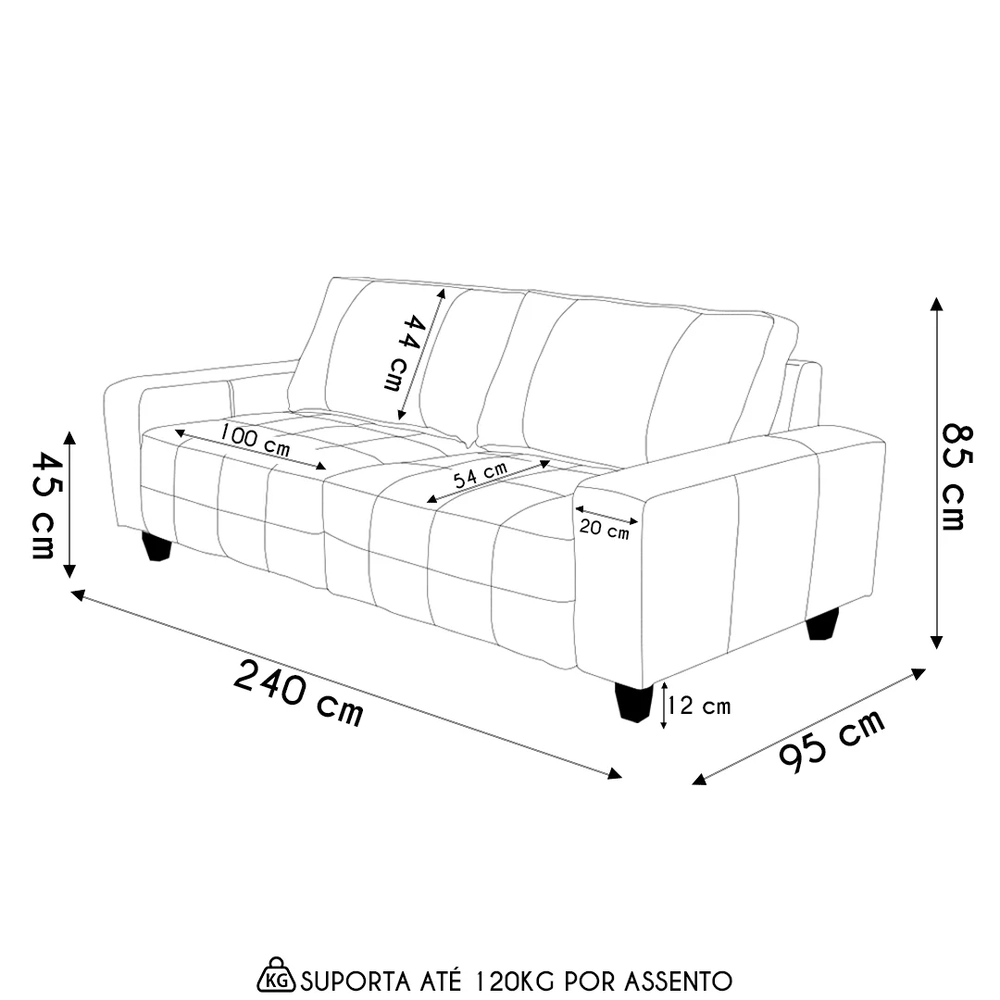 Sofá 3 Lugares Living Pés Madeira 240cm Phill S07 Couro Off - Mpozenato