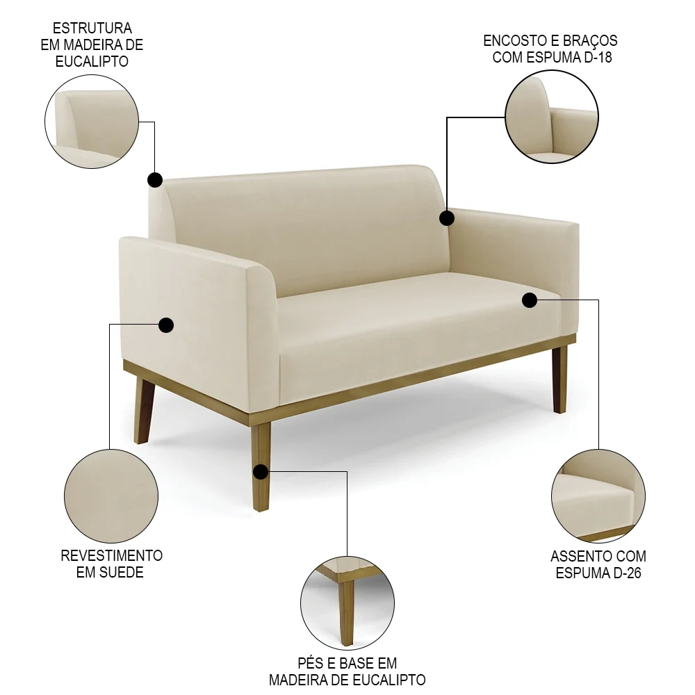 Sofá Namoradeira e 2 Poltronas Base Madeira Castanho Maressa Suede Bege - Ibiza