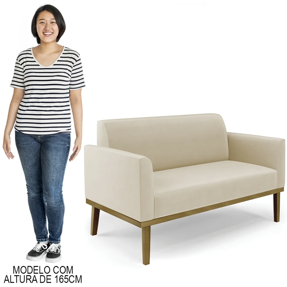 Sofá Namoradeira e 2 Poltronas Base Madeira Castanho Maressa Suede Bege - Ibiza