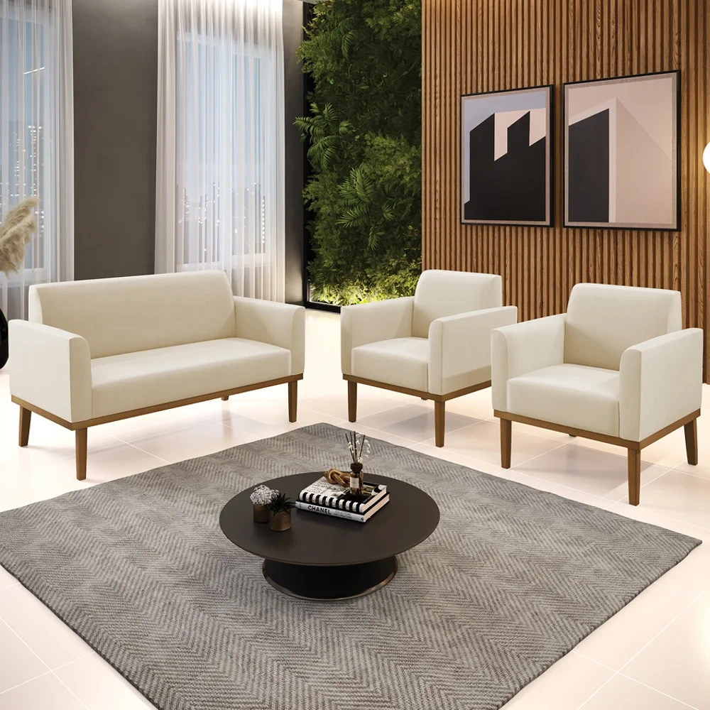 Sofá Namoradeira e 2 Poltronas Base Madeira Castanho Maressa Suede Bege - Ibiza