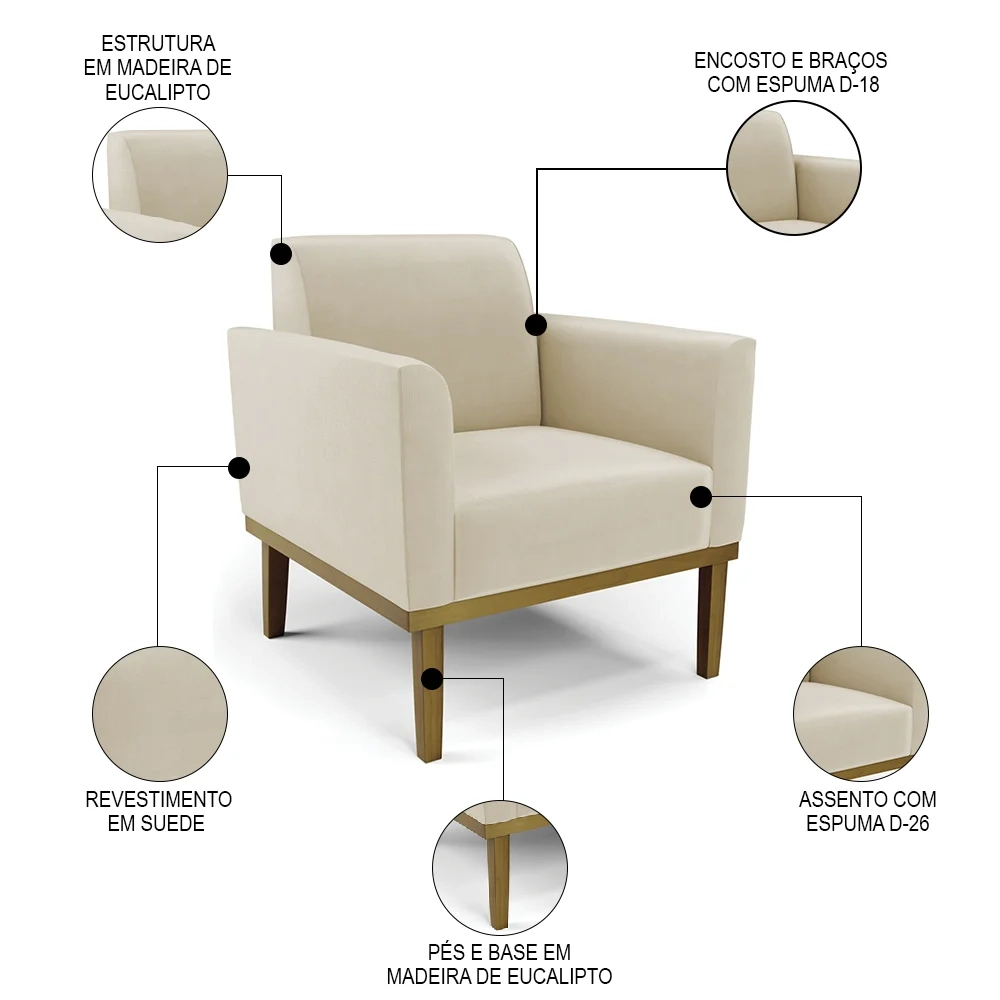 Sofá Namoradeira e 2 Poltronas Base Madeira Castanho Maressa Suede Bege - Ibiza