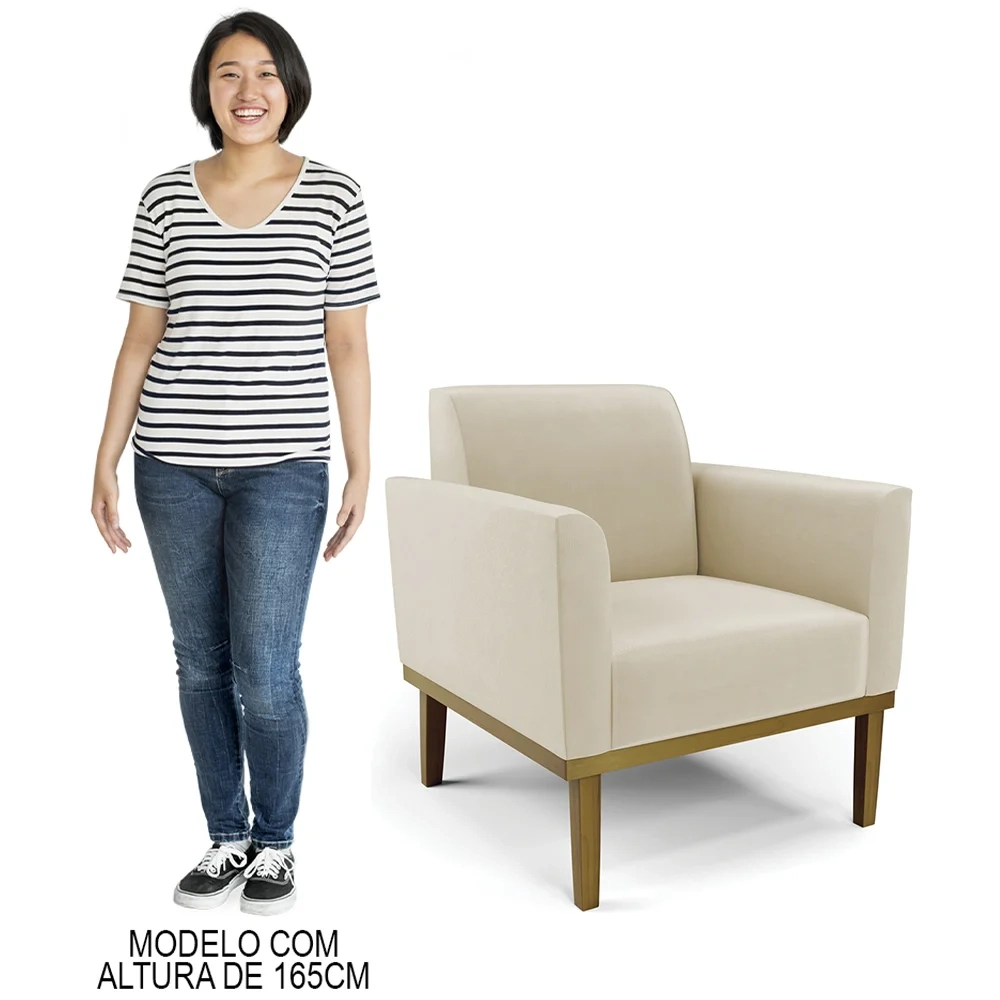 Sofá Namoradeira e 2 Poltronas Base Madeira Castanho Maressa Suede Bege - Ibiza