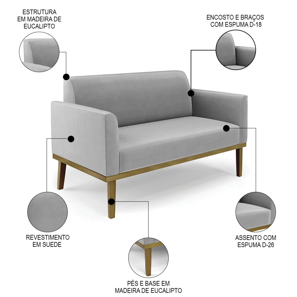 Sofá Namoradeira e 2 Poltronas Base Madeira Castanho Maressa Suede Cinza - Ibiza