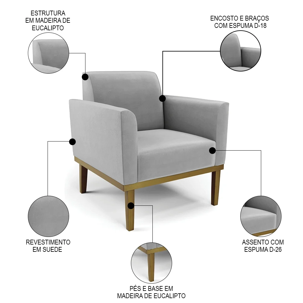 Sofá Namoradeira e 2 Poltronas Base Madeira Castanho Maressa Suede Cinza - Ibiza