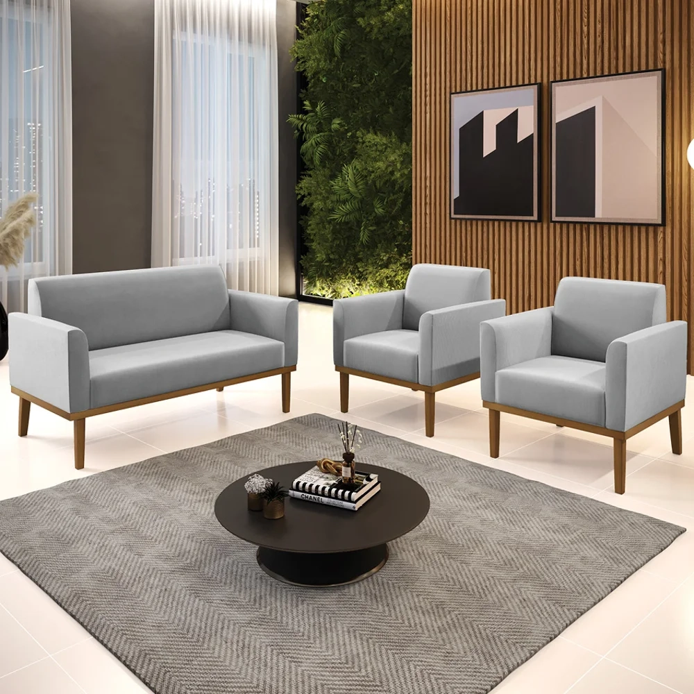 Sofá Namoradeira e 2 Poltronas Base Madeira Castanho Maressa Suede Cinza - Ibiza