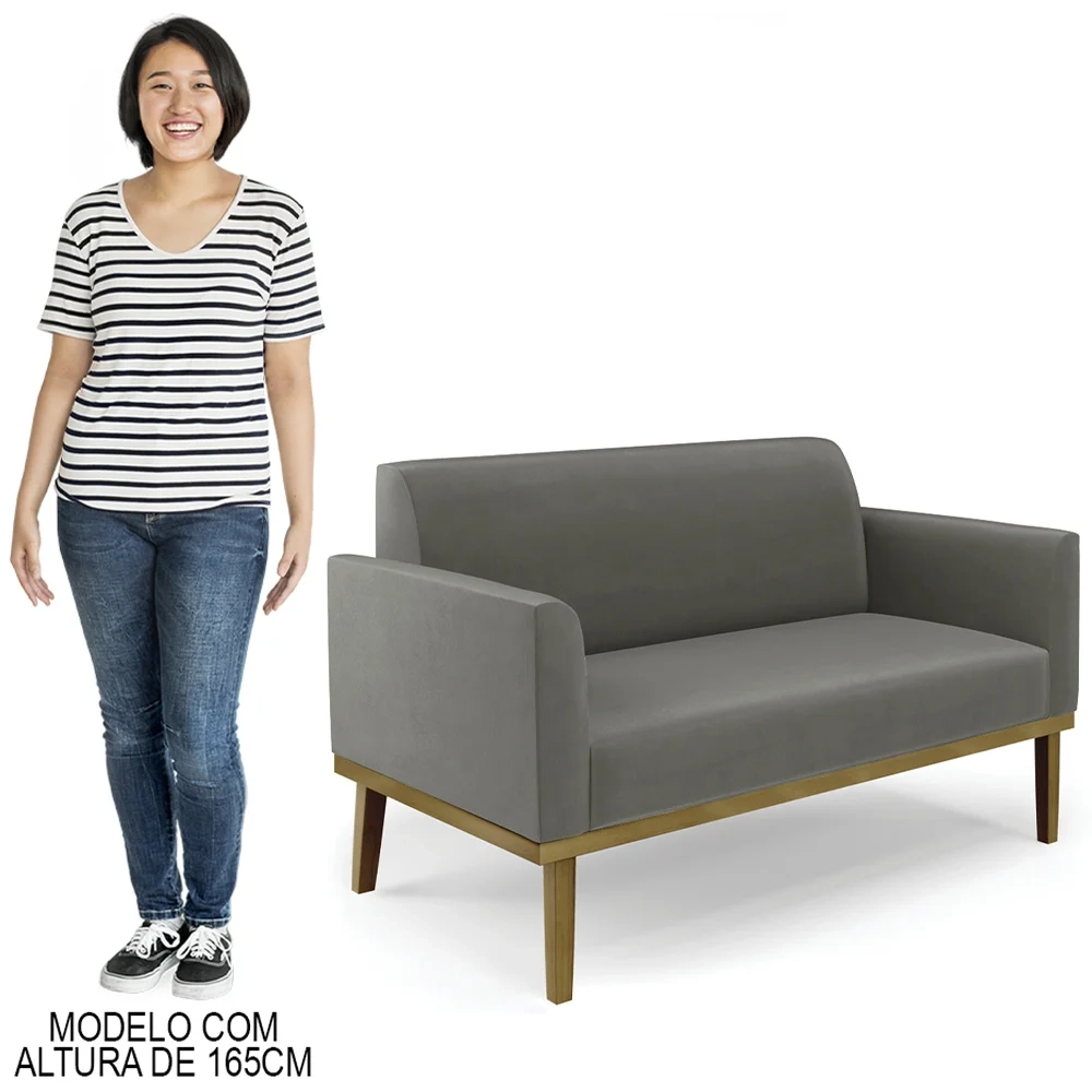 Sofá Namoradeira e 2 Poltronas Base Madeira Castanho Maressa Suede Grafite - Ibiza