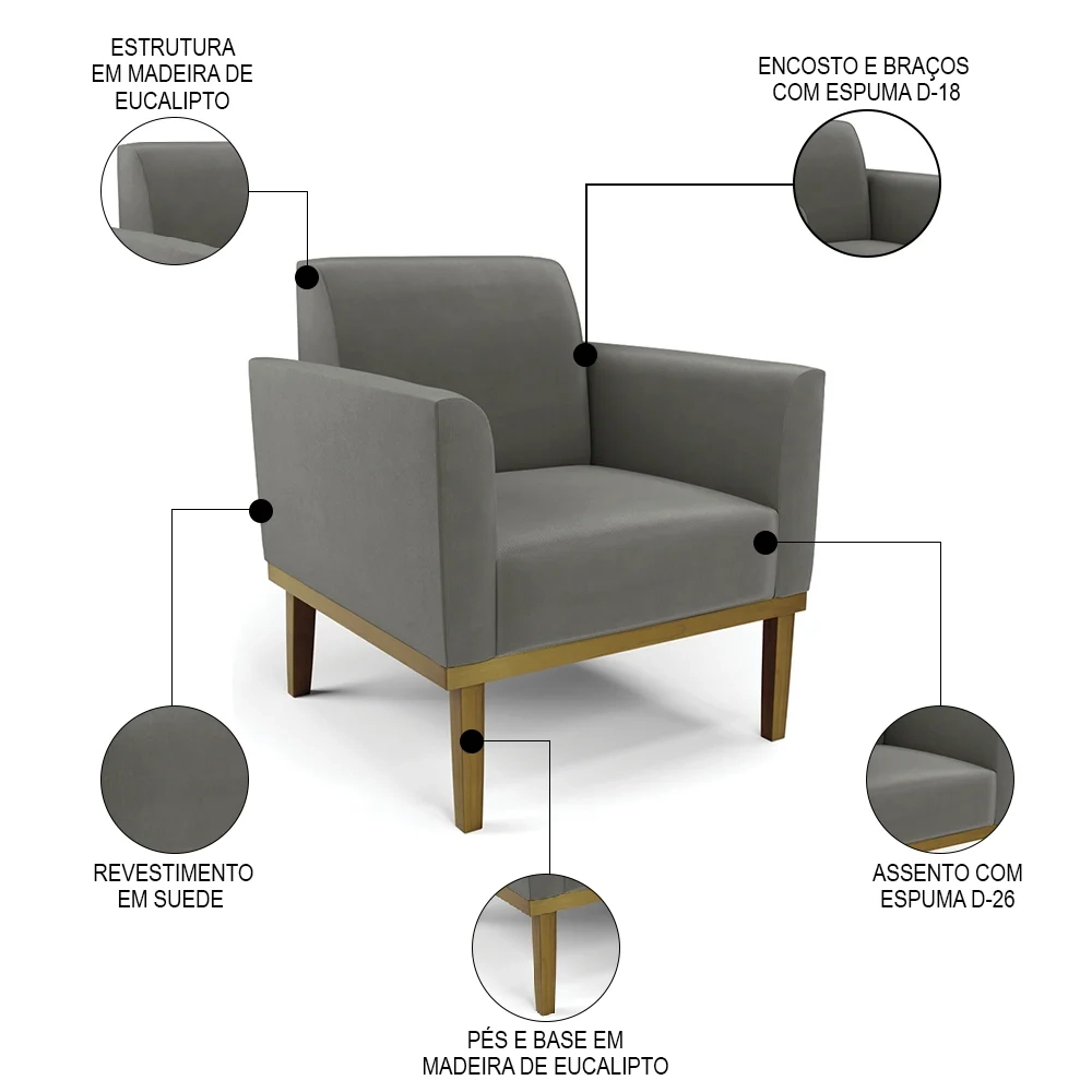 Sofá Namoradeira e 2 Poltronas Base Madeira Castanho Maressa Suede Grafite - Ibiza